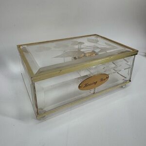 Vintage Japan Sankyo Rectangular Music Box With Floral Design Gold Detailing